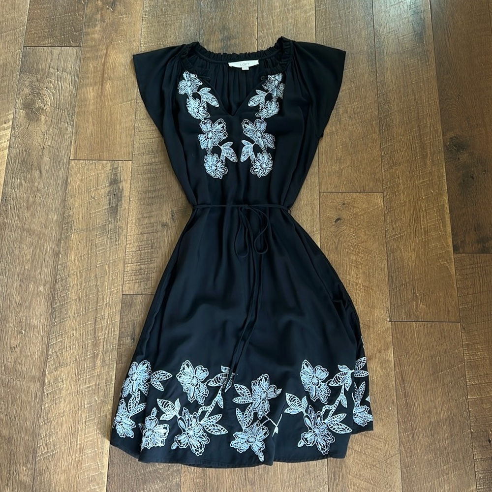 Loft Midi Floral Embroidered Black Dress